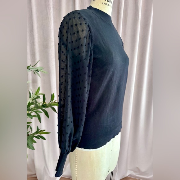 CeCe Black Mockneck Sweater with Sheer Dotted Sleeves - Picture 2 of 9